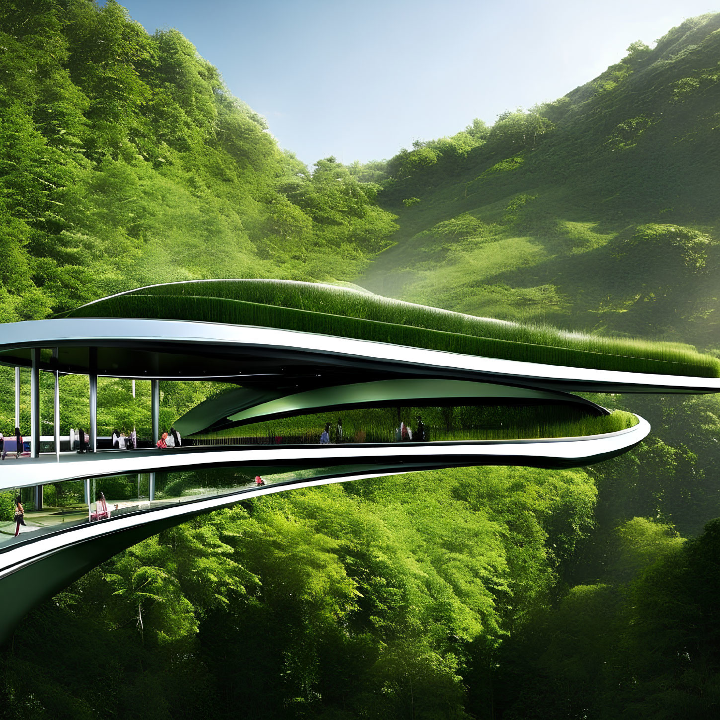 Futuristic multi-level structure with green roofs on lush hillside