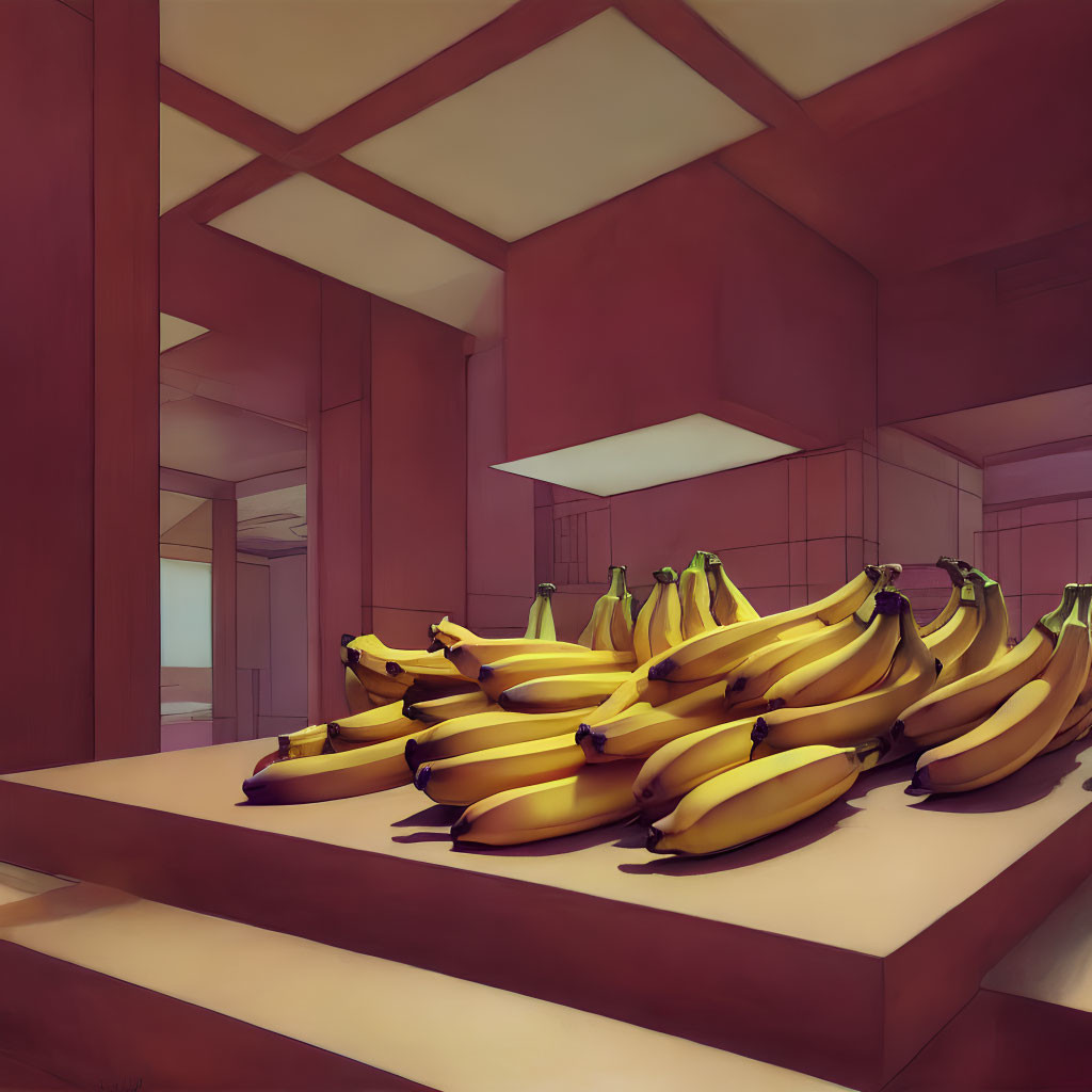 Stylized image: Large bunch of yellow bananas on beige countertop