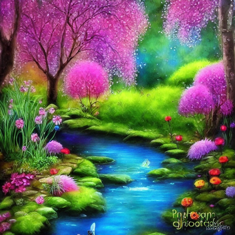 Colorful Painting of Stream in Lush Landscape