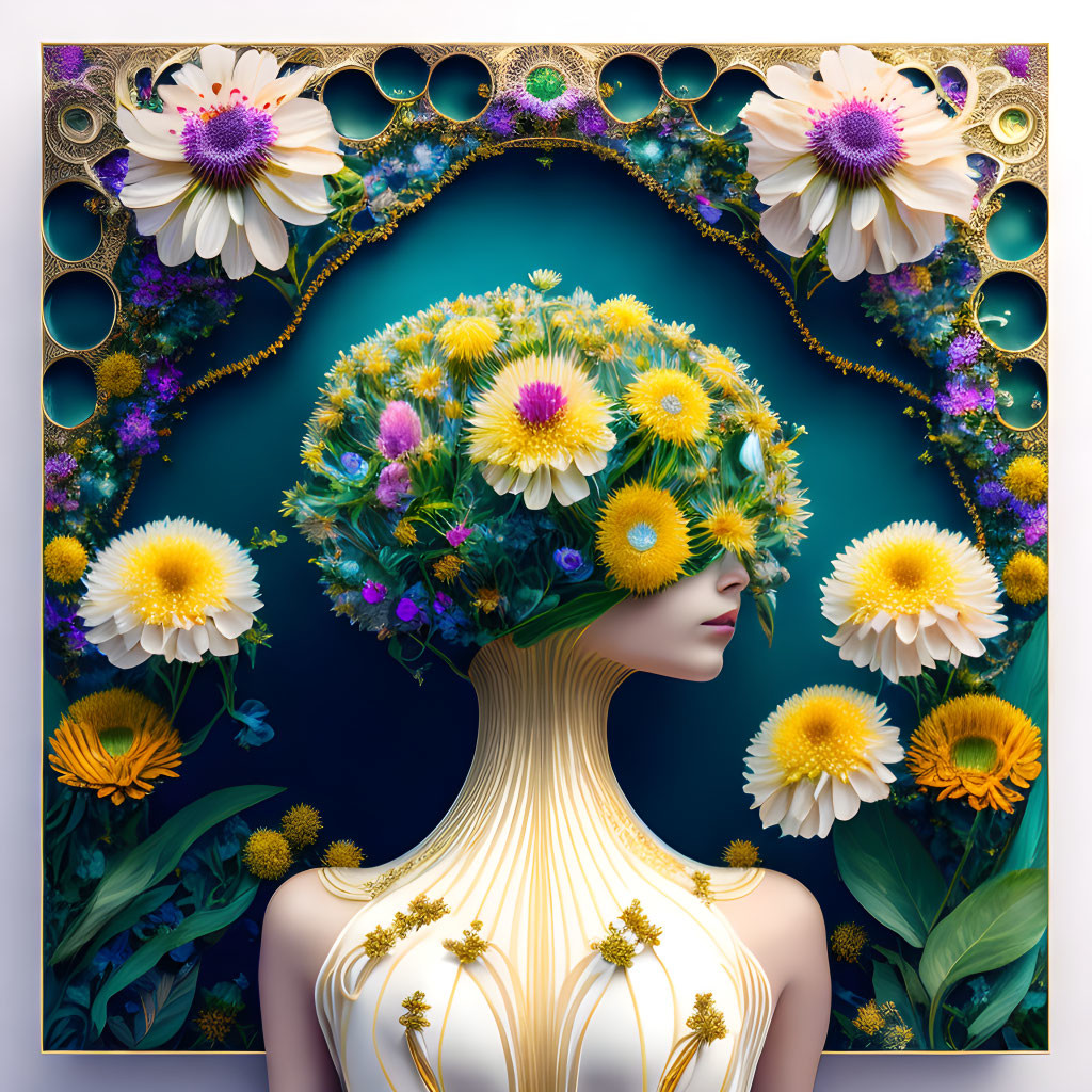 Surreal portrait of woman silhouette with vibrant flower headpiece on floral-patterned border against blue backdrop