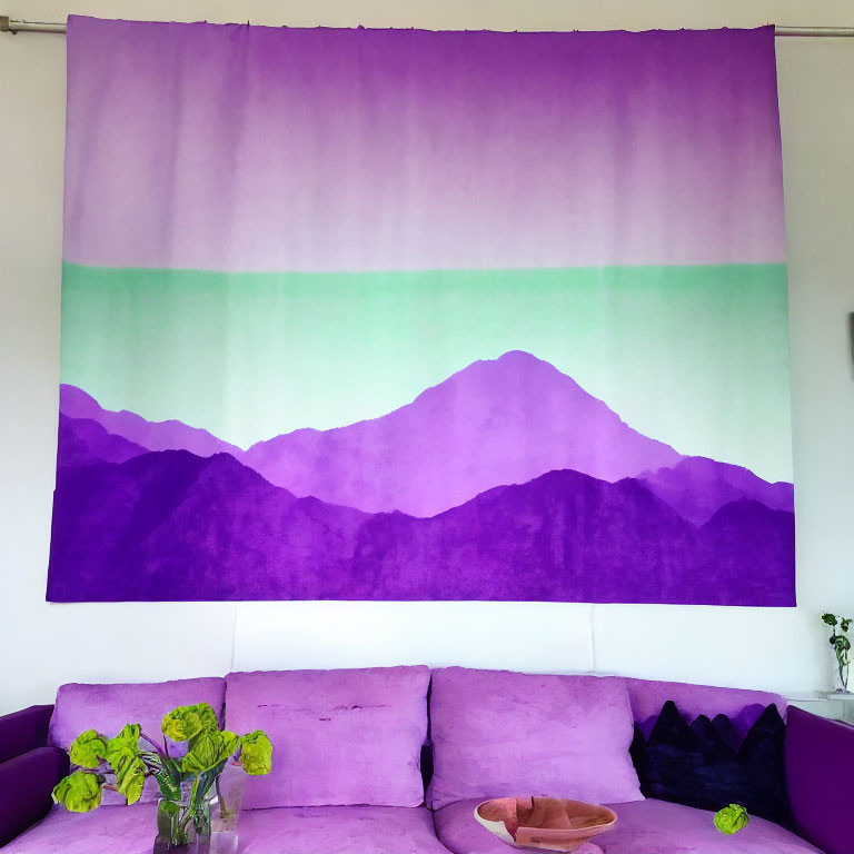 Colorful Gradient Wall Tapestry Depicting Mountain Landscape Above Purple Couch