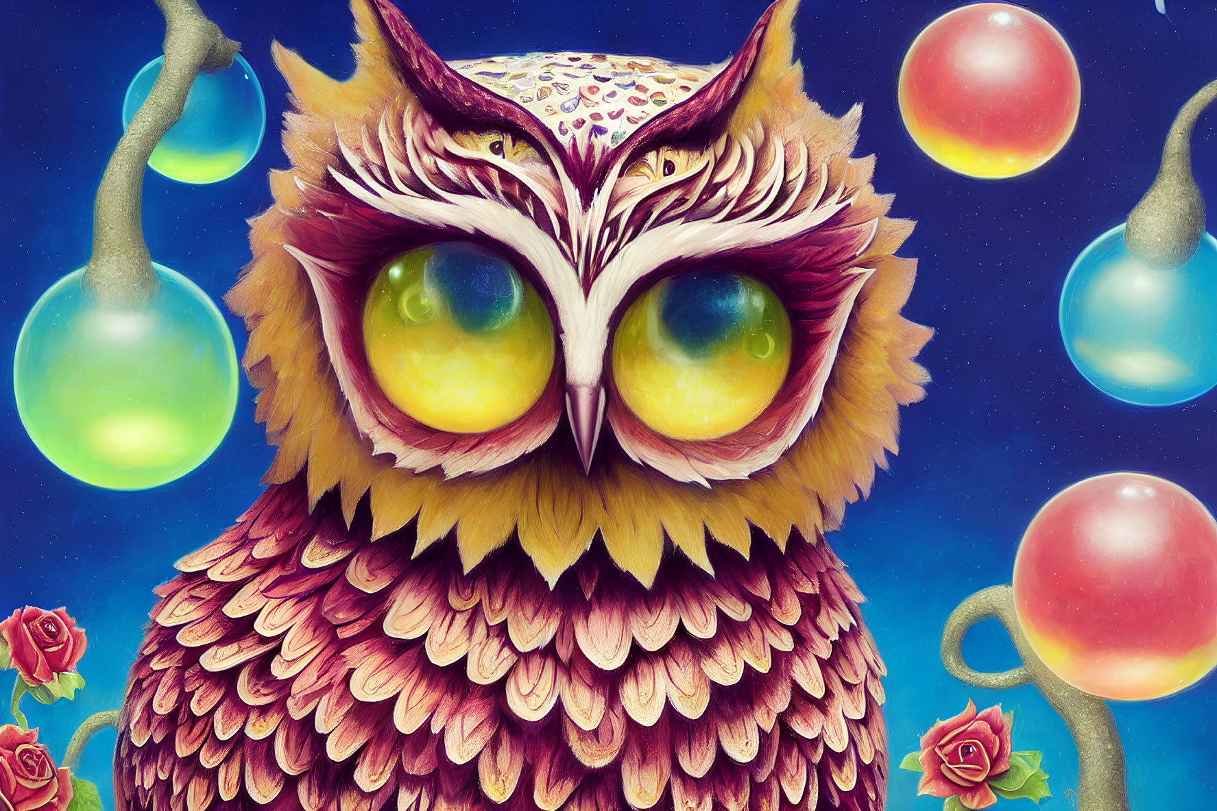 Colorful stylized owl illustration with yellow eyes, ornate feathers, roses, orbs on blue.