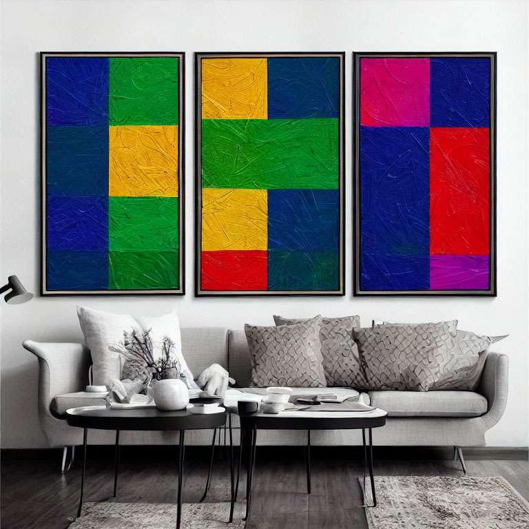 Vibrant Abstract Paintings in Blue, Green, Yellow, Red, and Purple Above Gray Sofa