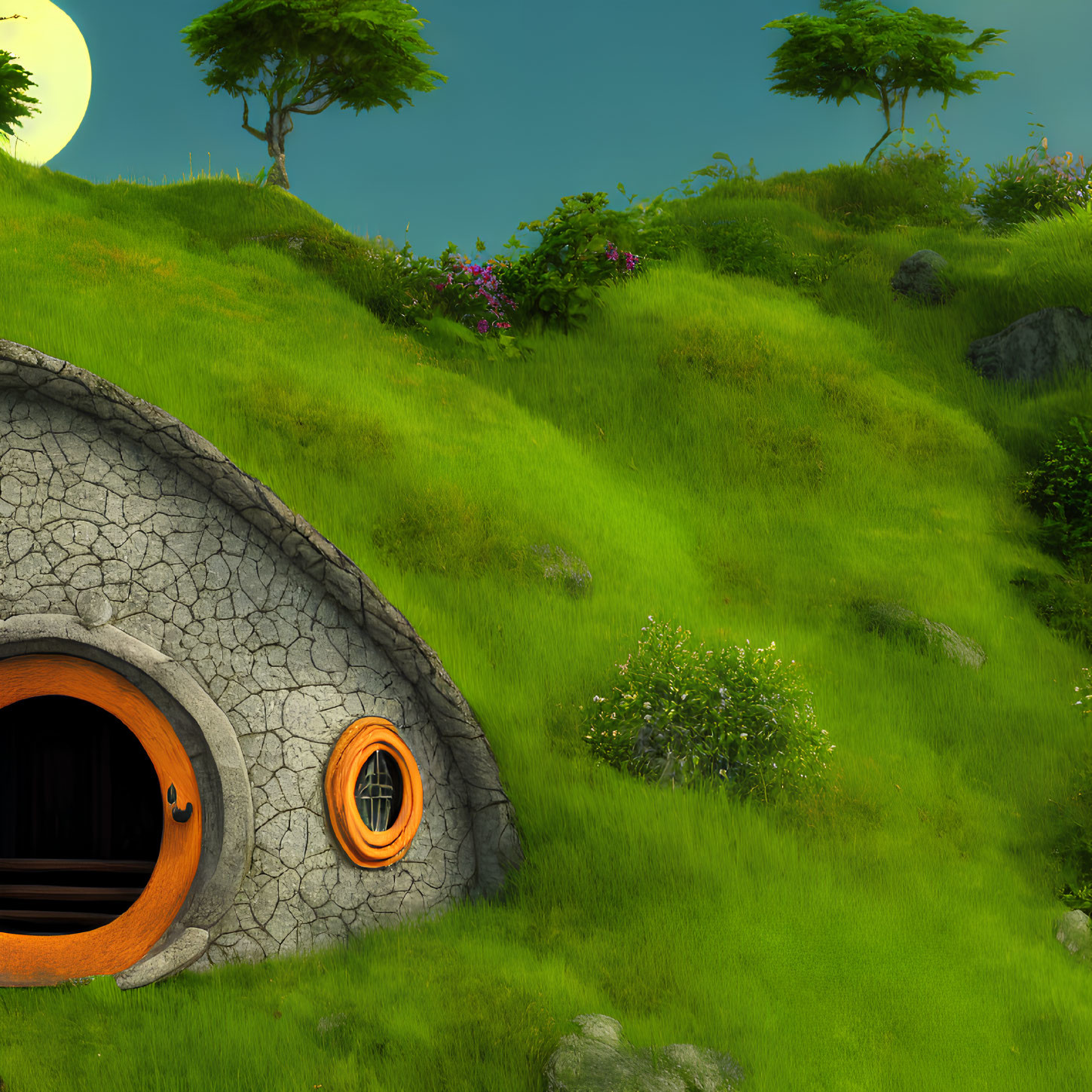 Fantastical landscape with round-door hobbit-style house in lush green hill under glowing moon