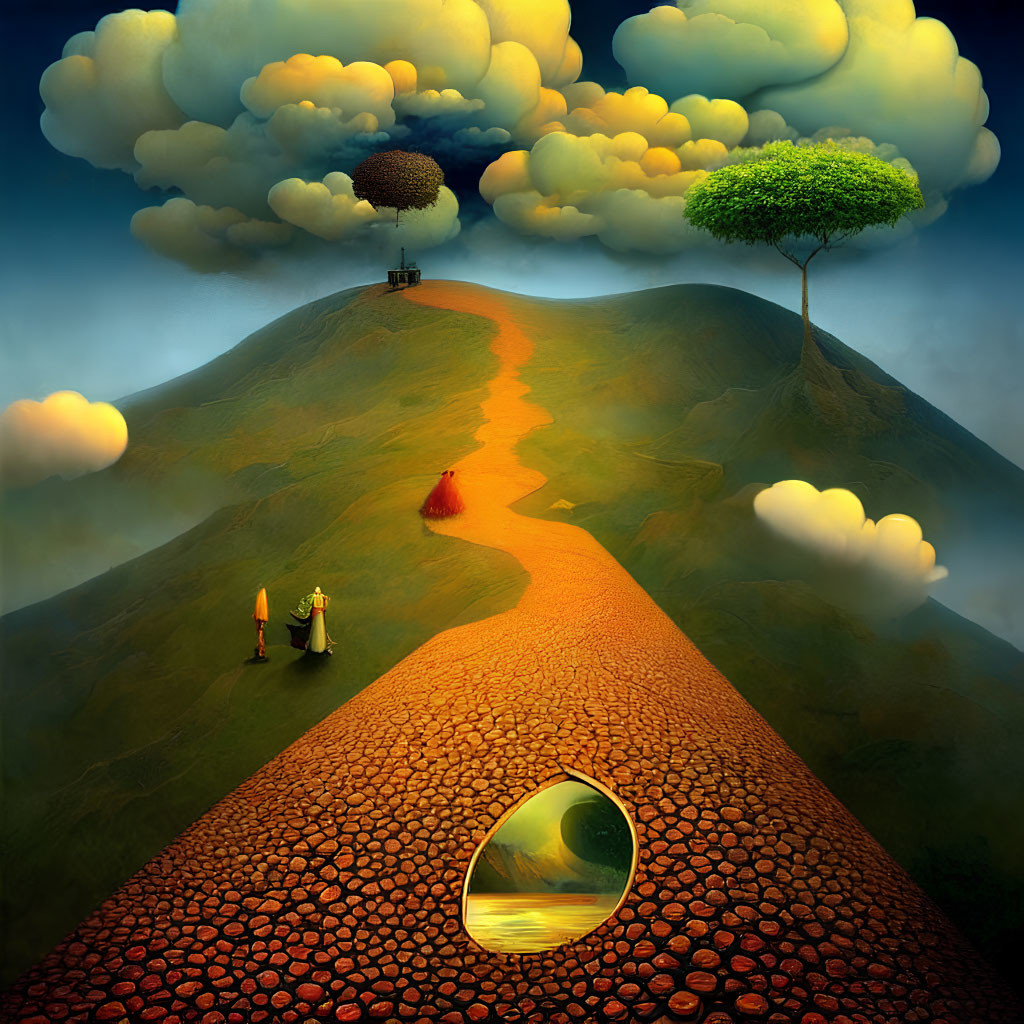 Surreal landscape with cobbled path, hilltop trees, cloudy skies, and eye hole.