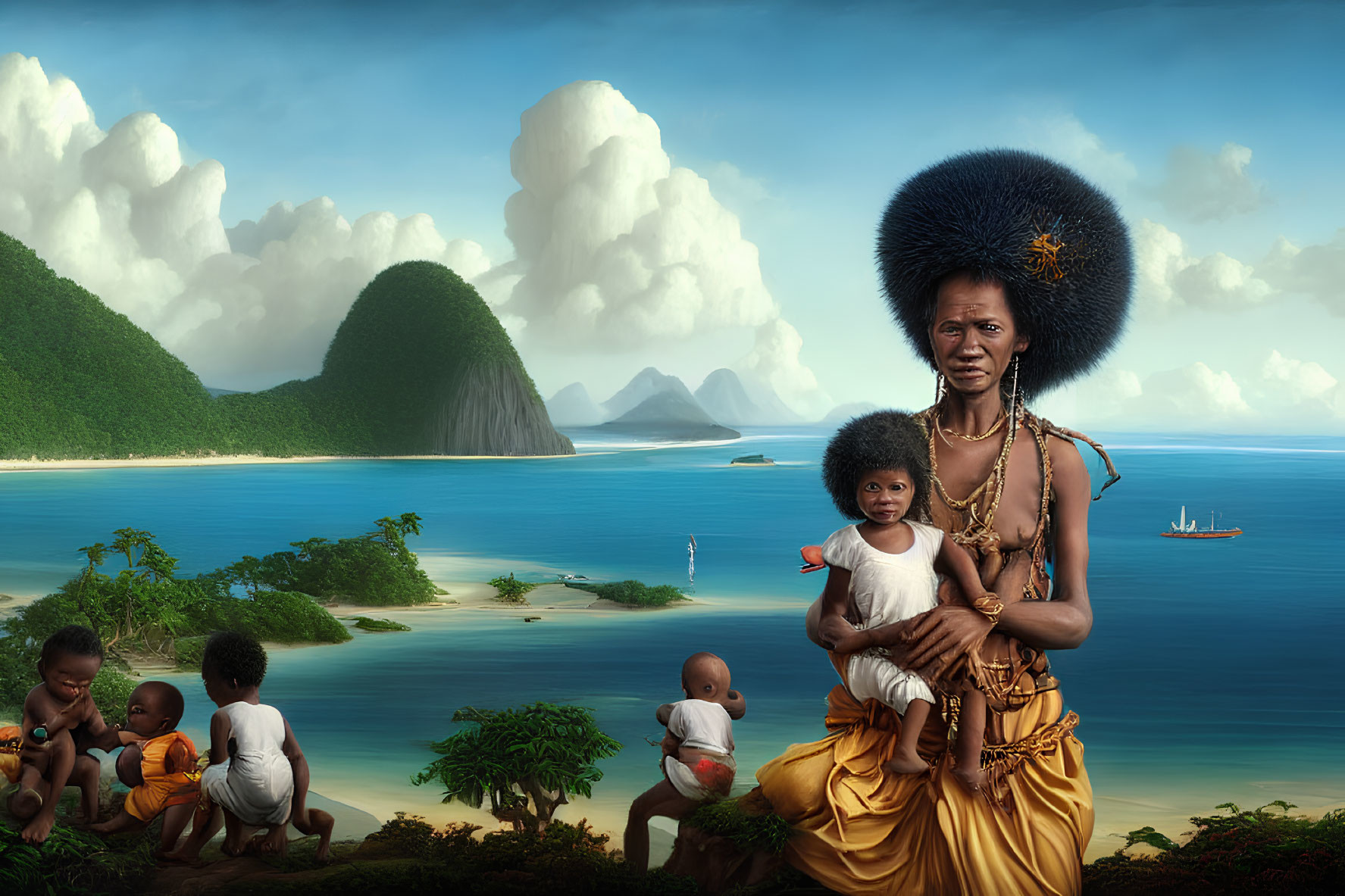 Traditional Attire Woman and Child by Serene Coastal Landscape