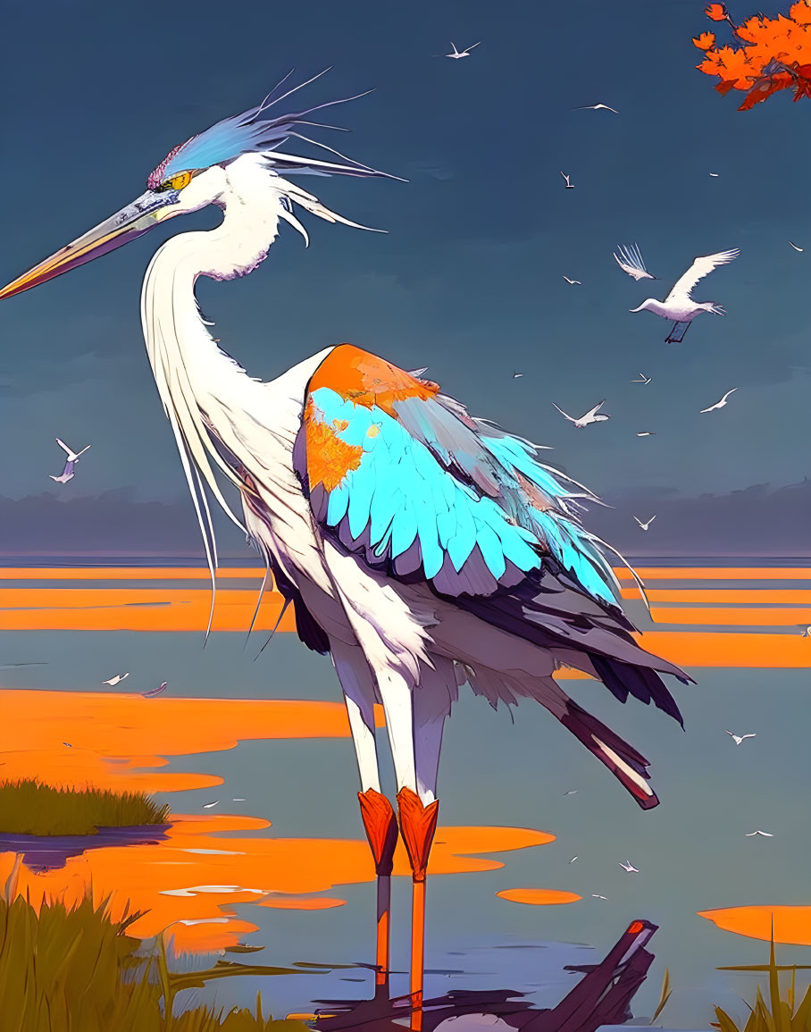 Colorful digital illustration: Stately stork with teal feathers by waterside at sunset