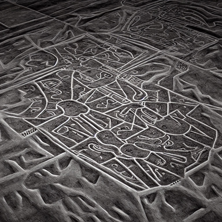 Grayscale aerial view of intricate Nazca Lines in Peruvian desert