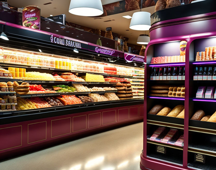 Brightly Lit Grocery Store Aisle with Fresh Produce and Purple Shelving