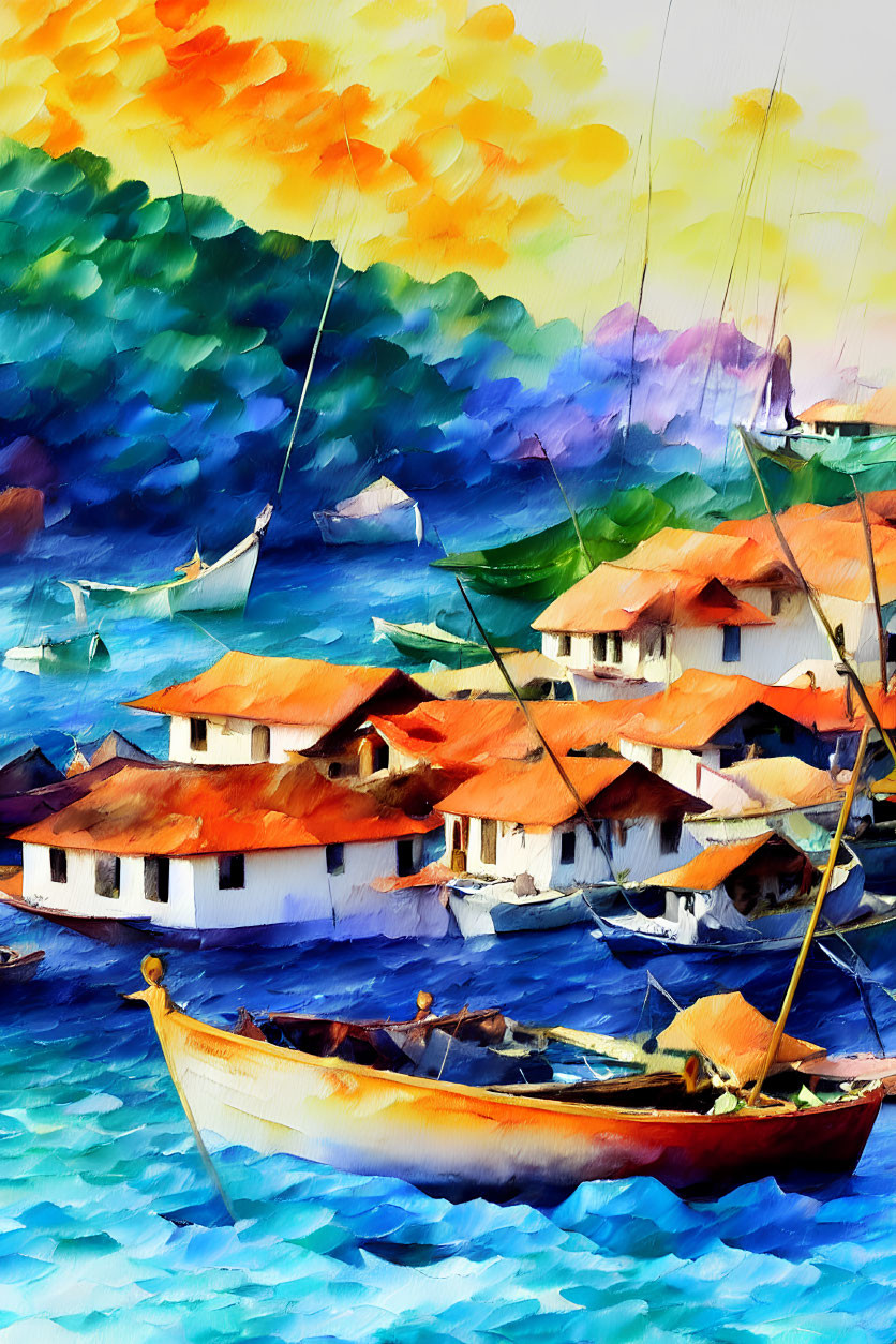 Scenic coastal village watercolor painting with colorful houses and boats