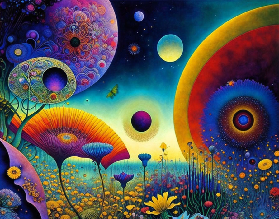 Colorful Artwork: Floral & Cosmic Fusion with Planets and Stars