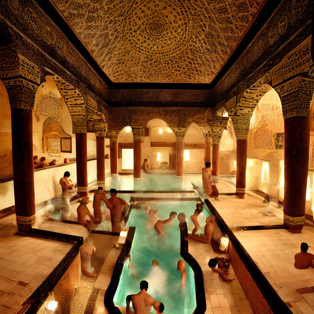 Traditional Hammam Interior with Ornate Walls, Ceiling, and Central Pool