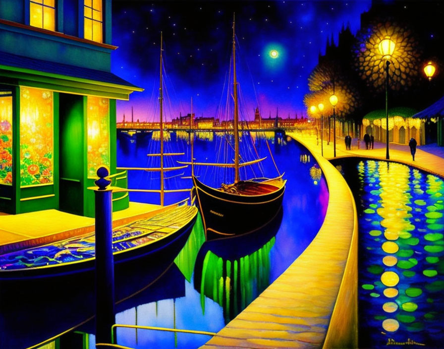 Night-time harbor scene with moored boats, strolling people, and colorful reflections