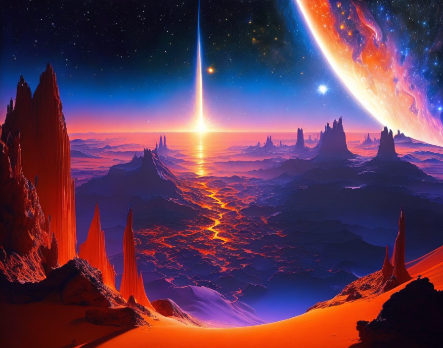 Sci-fi landscape with towering rocks, lava river, starry sky, and celestial body