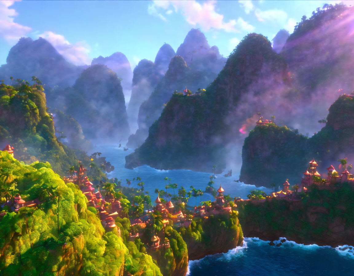 Vibrant animated tropical paradise with lush greenery and mystical mountains