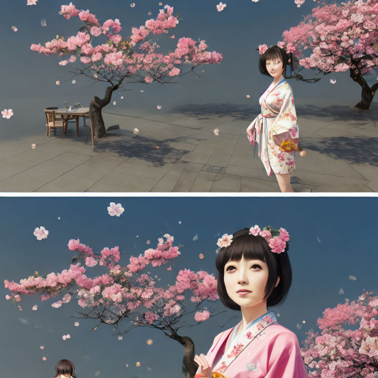 Woman in Kimono near Blooming Cherry Blossoms with Table and Close-Up Face