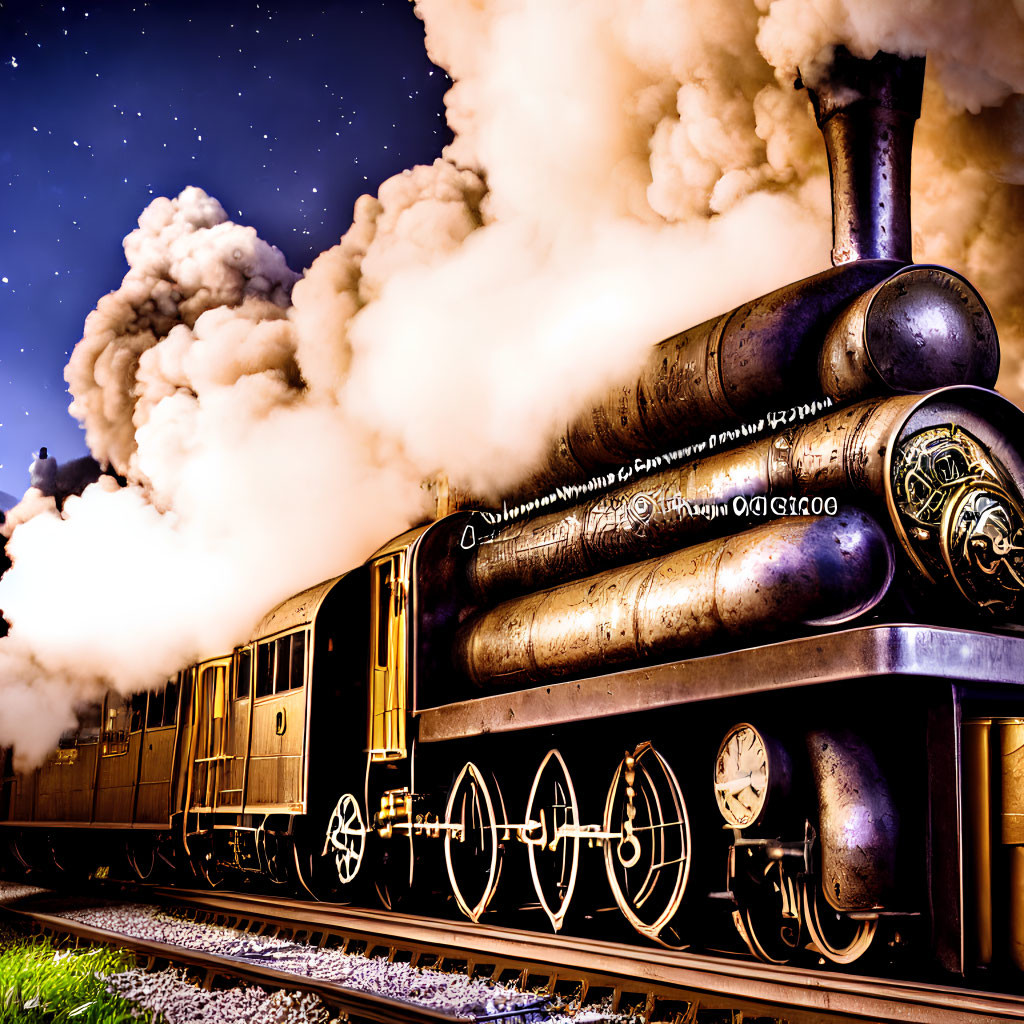 Vintage steam locomotive emitting steam at night with illuminated wheels under starry sky