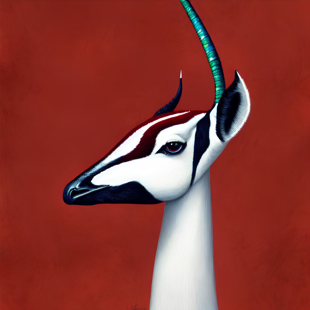 Stylized antelope with white face and colorful stripes on red background