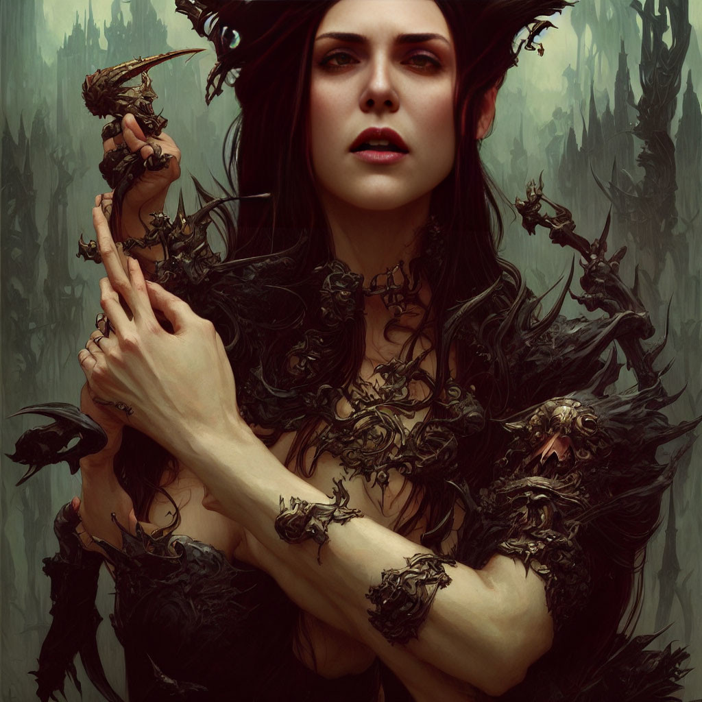 Dark-haired woman with pale skin in eerie setting with thorn-like vines and creatures