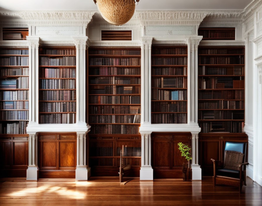 Sophisticated home library with wooden bookshelves, vintage ladder, hardwood floors, and classic arm