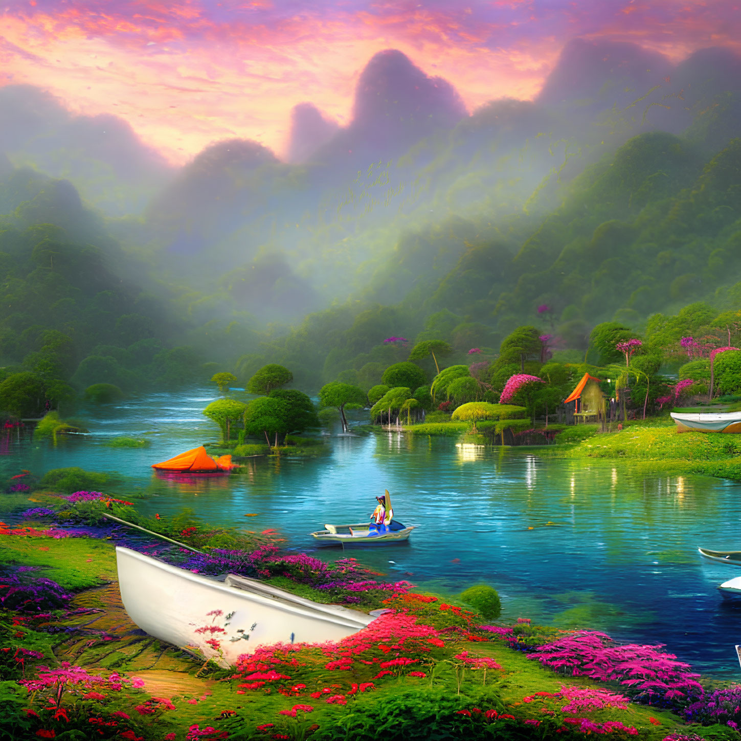 Scenic landscape with person rowing boat in serene river surrounded by lush greenery, blooming flowers