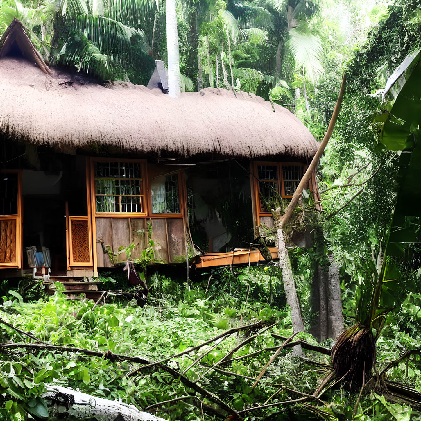 Traditional Thatched-Roof House in Lush Greenery