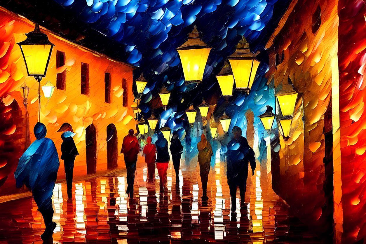 Vibrant Impressionist Painting of People with Umbrellas on Wet Street