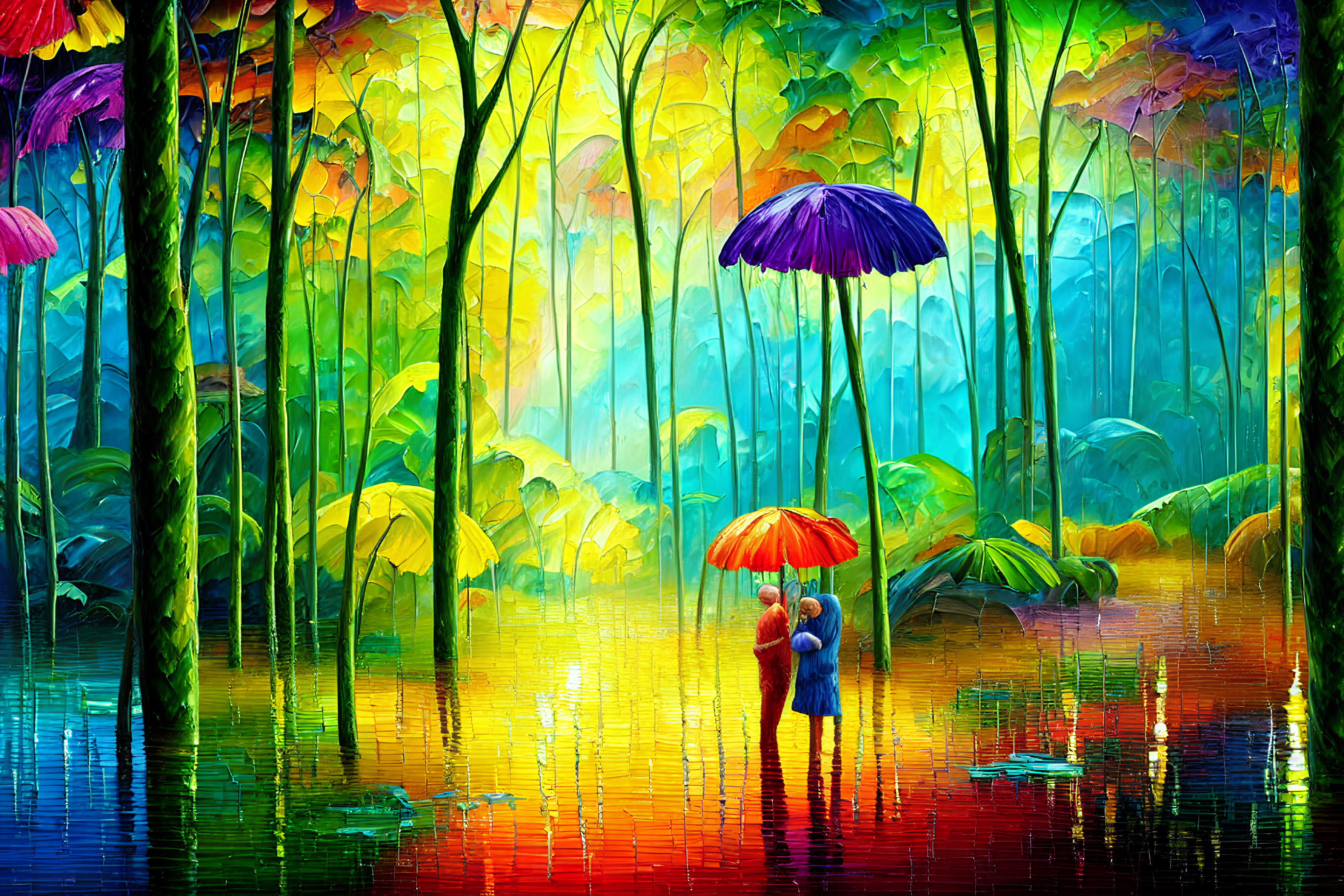 Colorful Forest Scene with Figures under Red Umbrella and Reflective Water