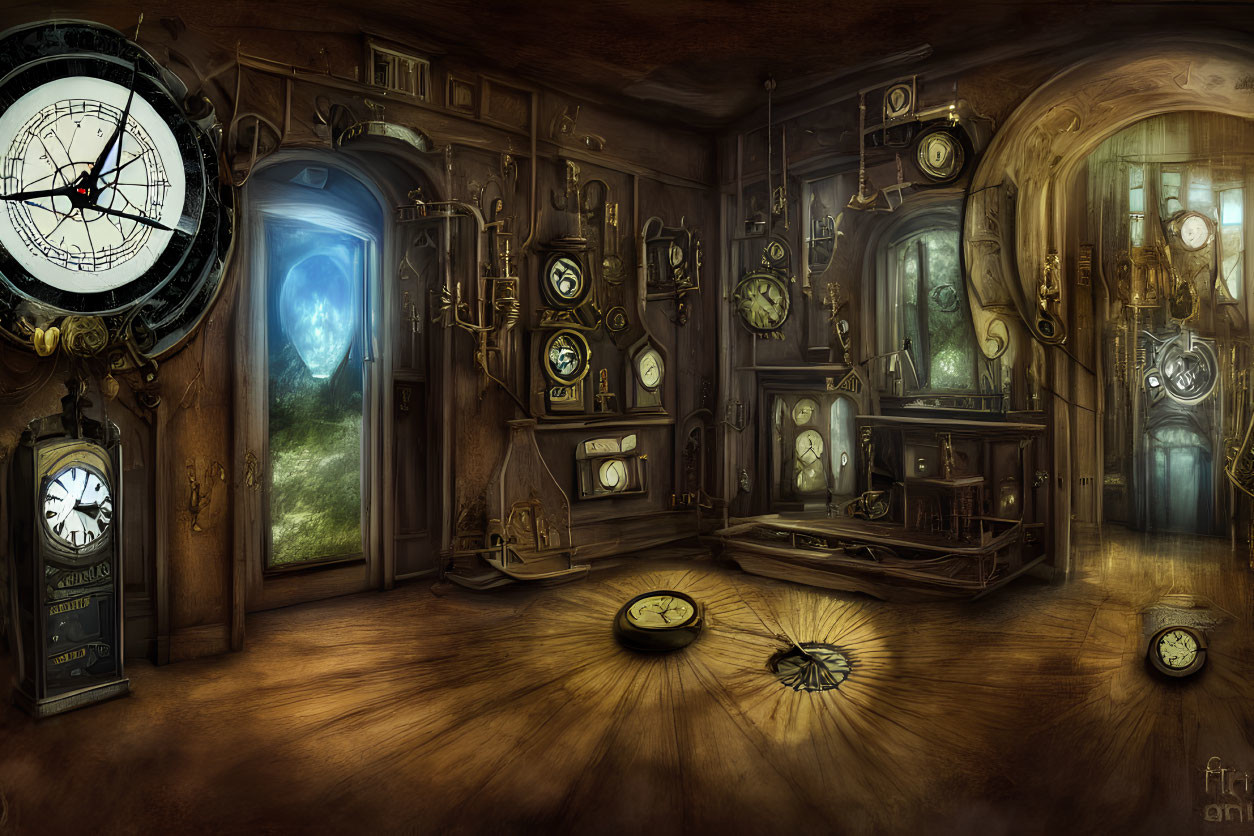 Dimly Lit Steampunk Room with Vintage Clocks and Underwater Portal