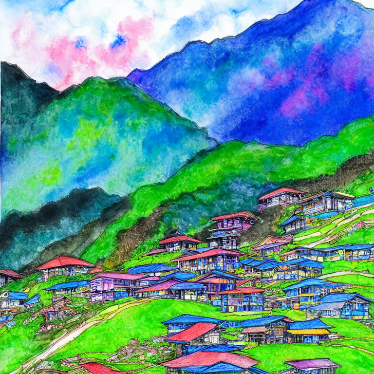 Colorful watercolor painting of mountain village in lush green hills