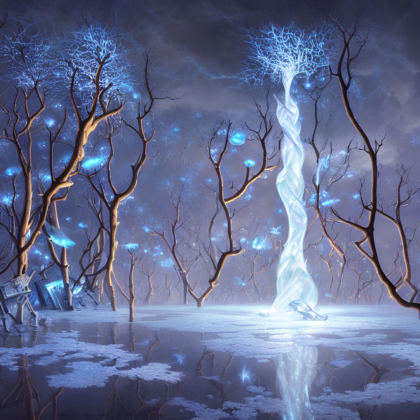 Enchanting winter forest with glowing blue trees and central luminous structure