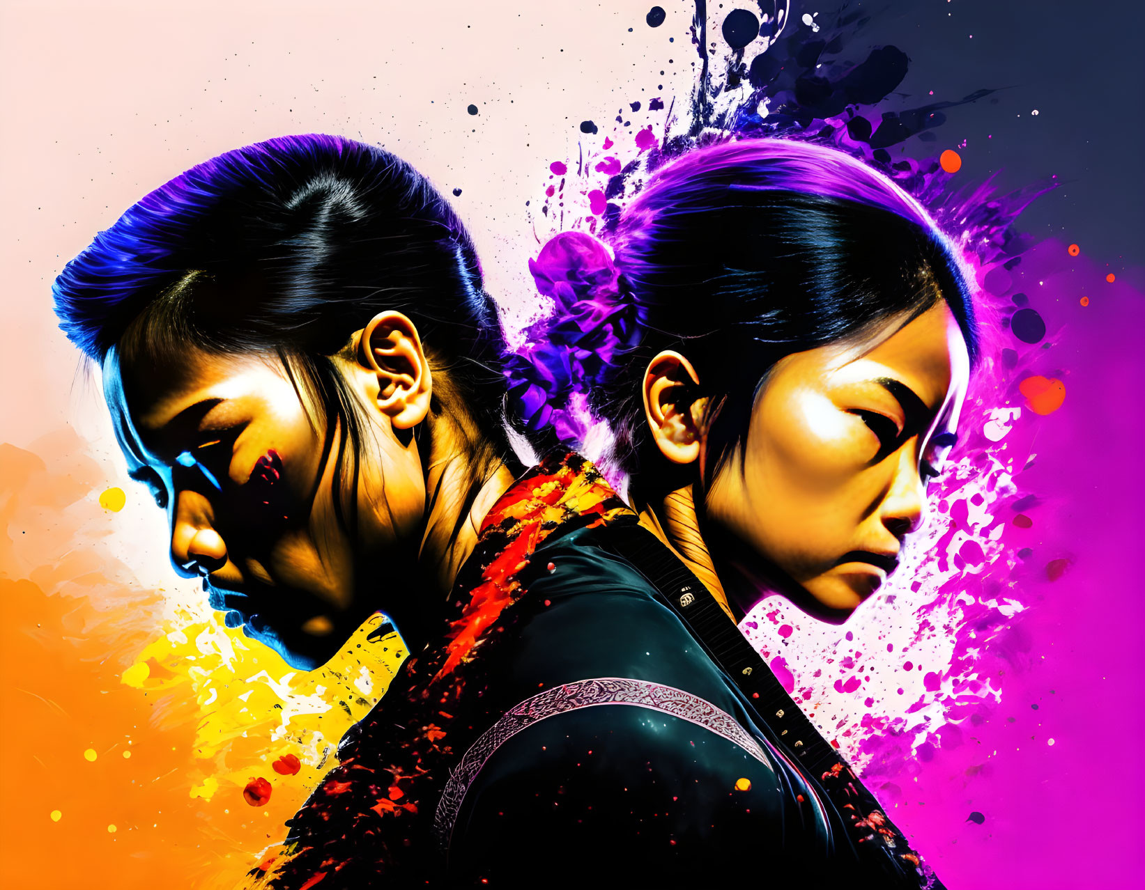 Colorful digital artwork: Two individuals back-to-back with vibrant ink splashes on dark background