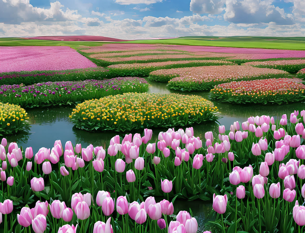 Colorful blooming tulip fields with pathways under blue sky