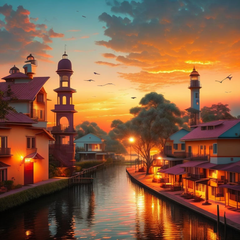 Colorful Coastal Village Sunset with Lighthouses and Birds