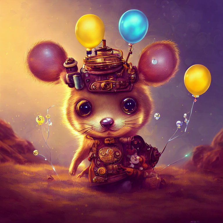 Anthropomorphic mouse in steampunk attire with balloons in golden landscape