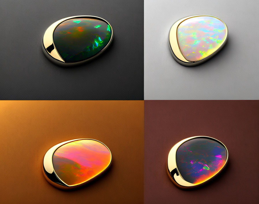 Iridescent Gemstone Brooches Set in Gold on Various Backgrounds