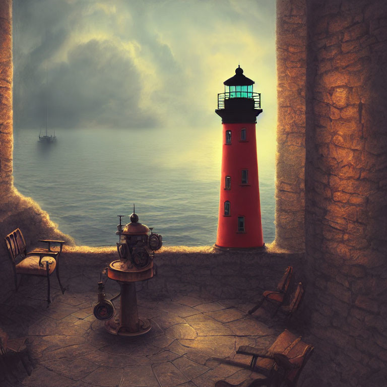 Surreal image of cozy viewing area with red lighthouse, ship, and misty sea