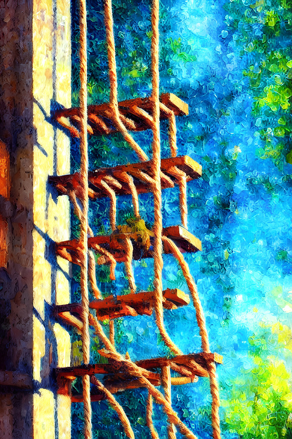 Impressionistic painting of rope ladder on vibrant, textured backdrop