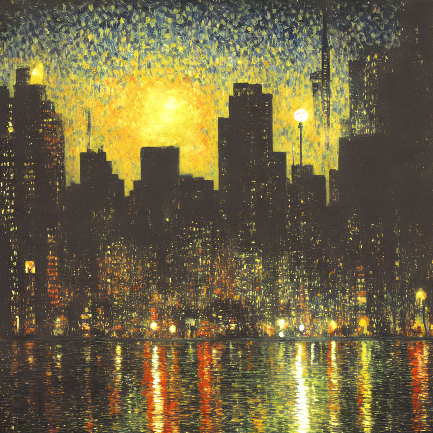 Impressionistic nighttime cityscape painting with glowing moon and shimmering reflections