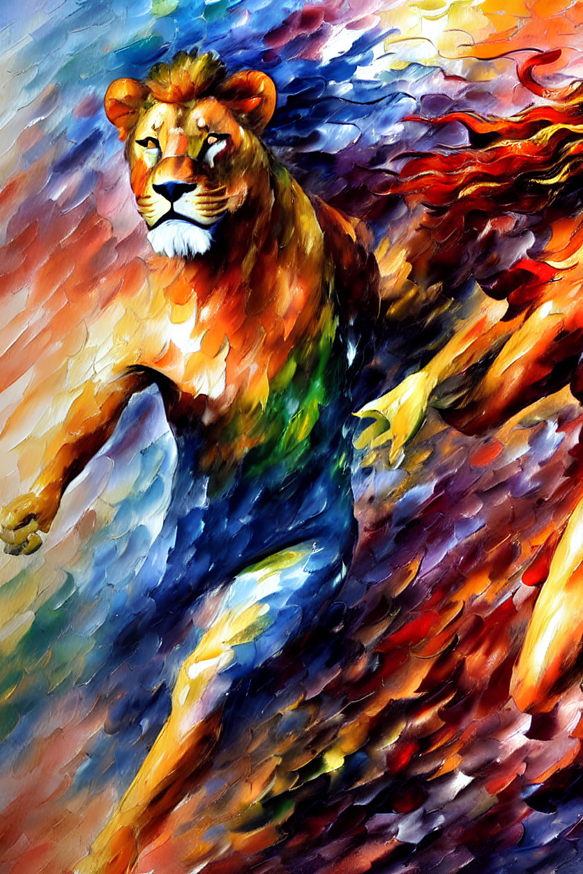 Colorful Lion Painting with Human-Like Body Running on Textured Background