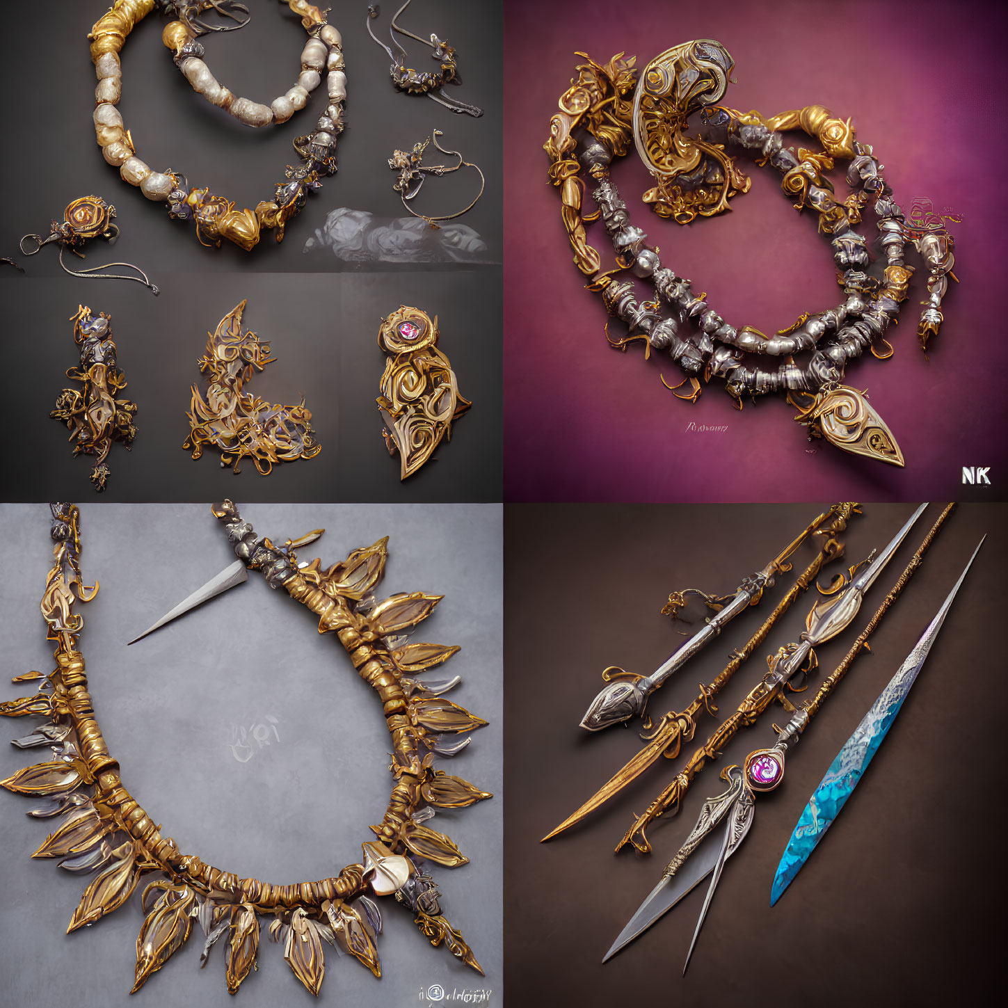 Fantasy-themed weapon designs and ornate jewelry with golden detailing.