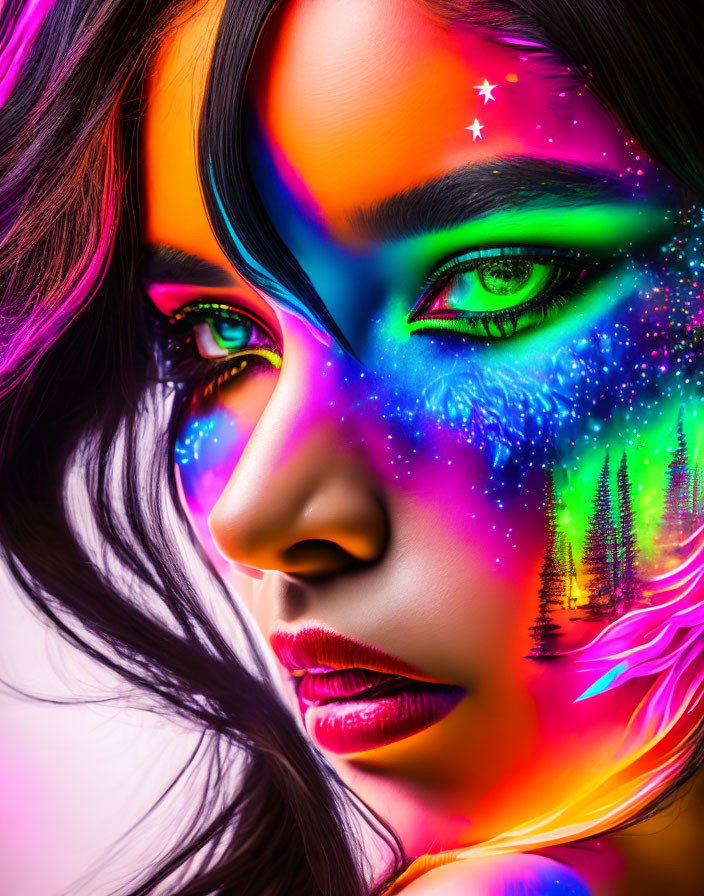 Colorful woman's portrait with neon face paint in fantasy landscape