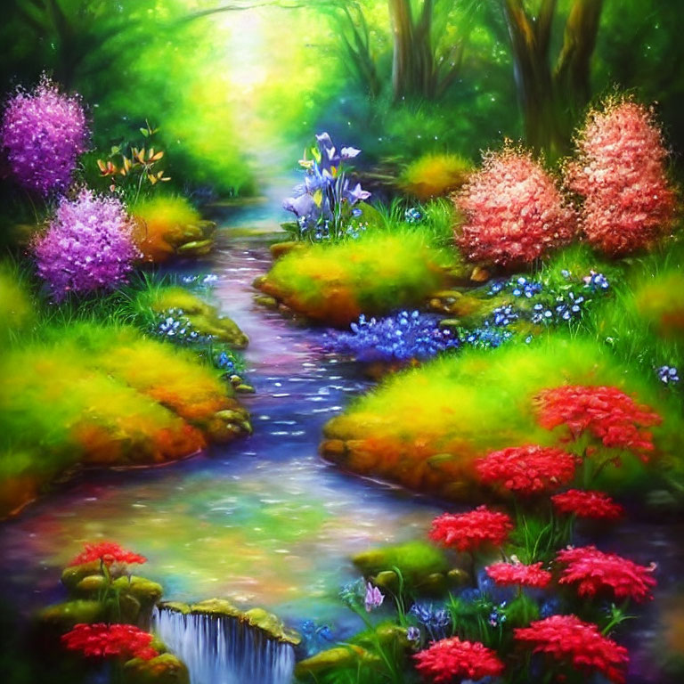 Colorful painting of serene stream in lush landscape with blooming flowers