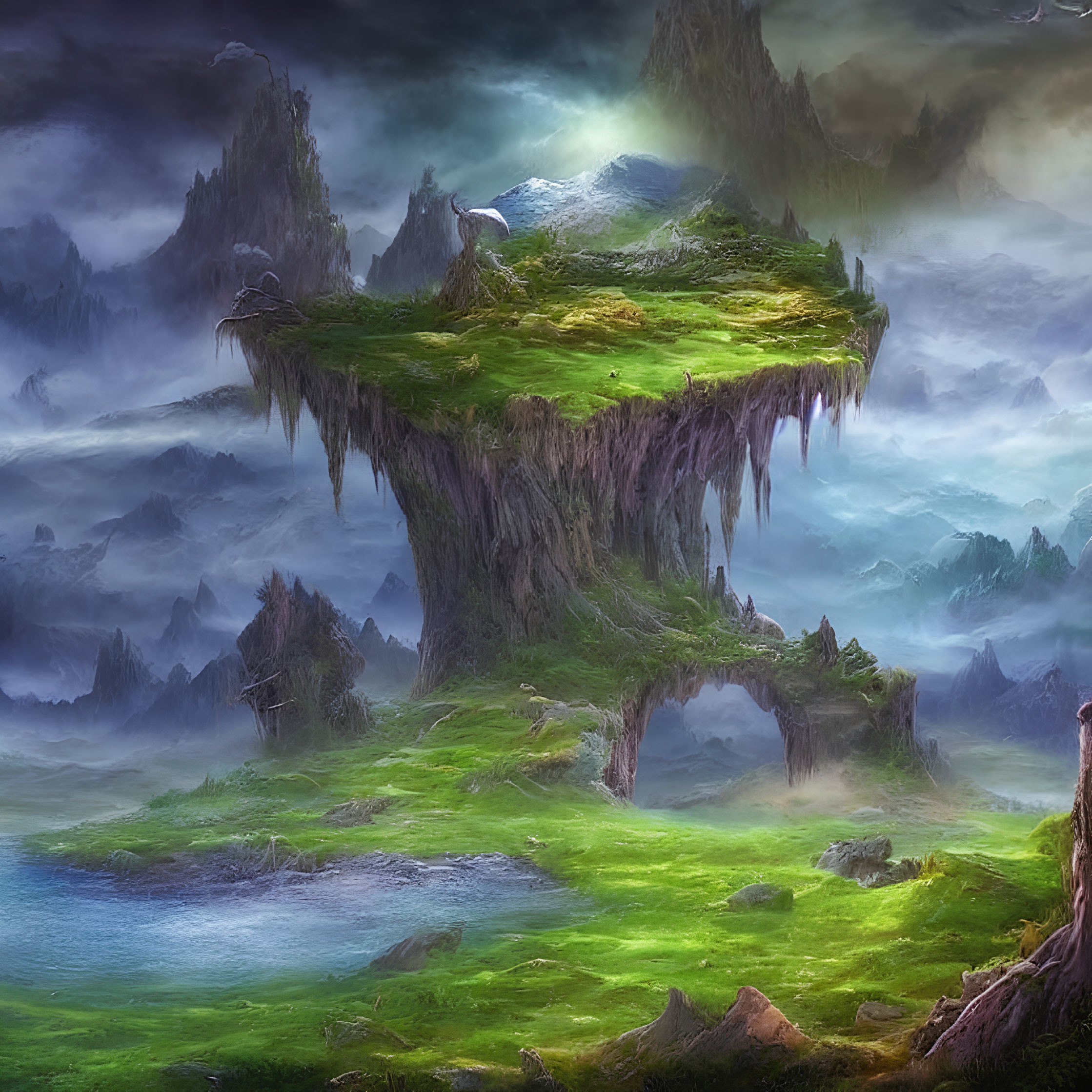 Fantastical landscape with floating islands and lush greenery