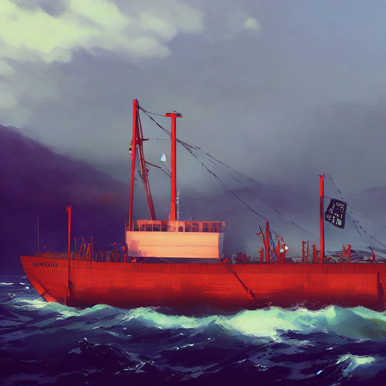 Red Cargo Ship with Two Cranes in Stormy Sea with Pirate Flag