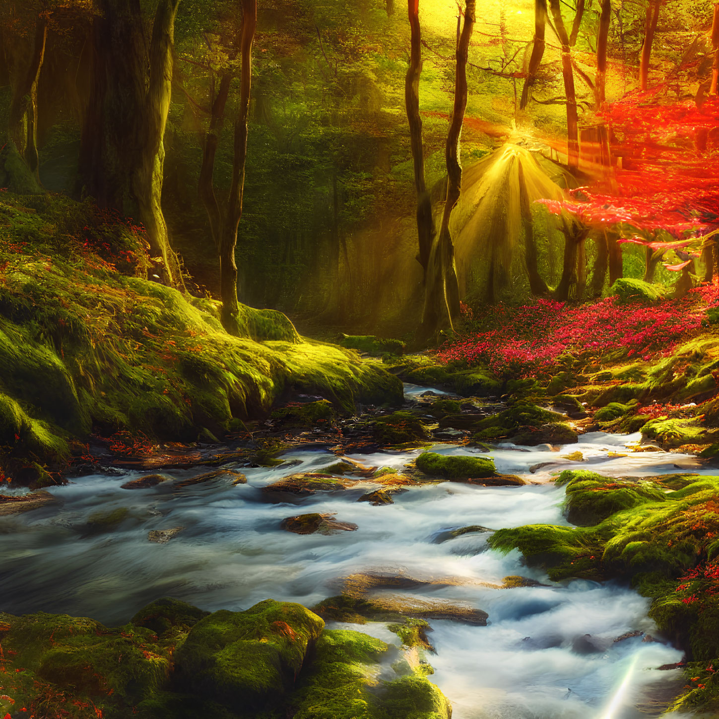 Forest stream illuminated by sun rays amidst vibrant autumn leaves