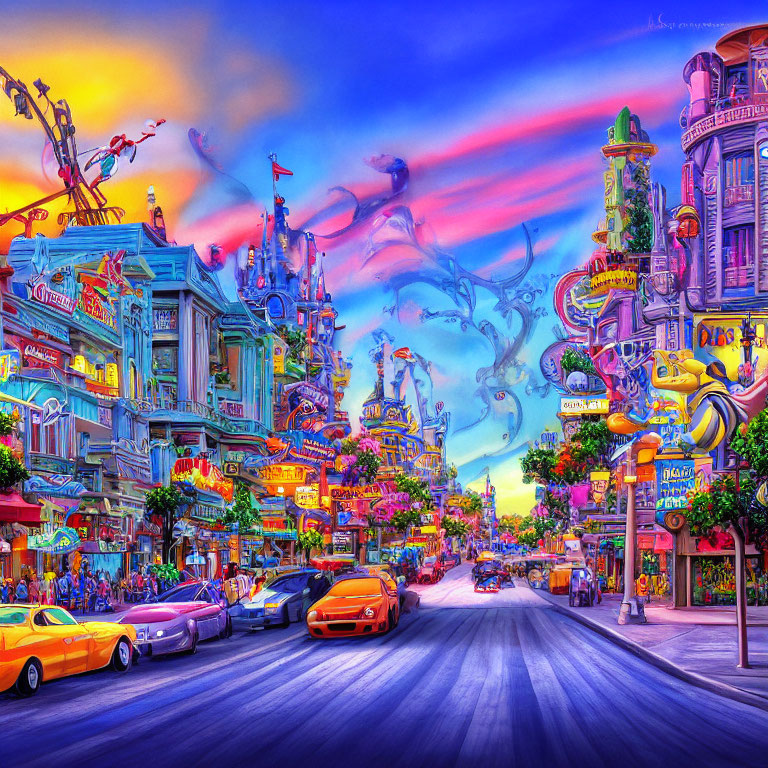 Colorful fantasy street scene with whimsical buildings and sleek cars under a dreamlike sky