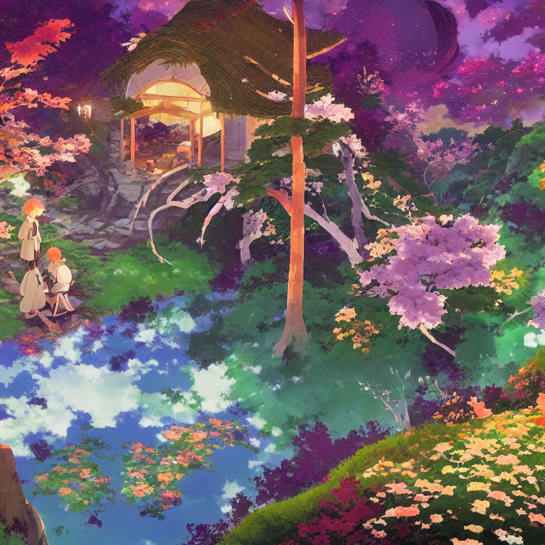 Colorful illustration of two people in lush garden with blooming trees and gazebo