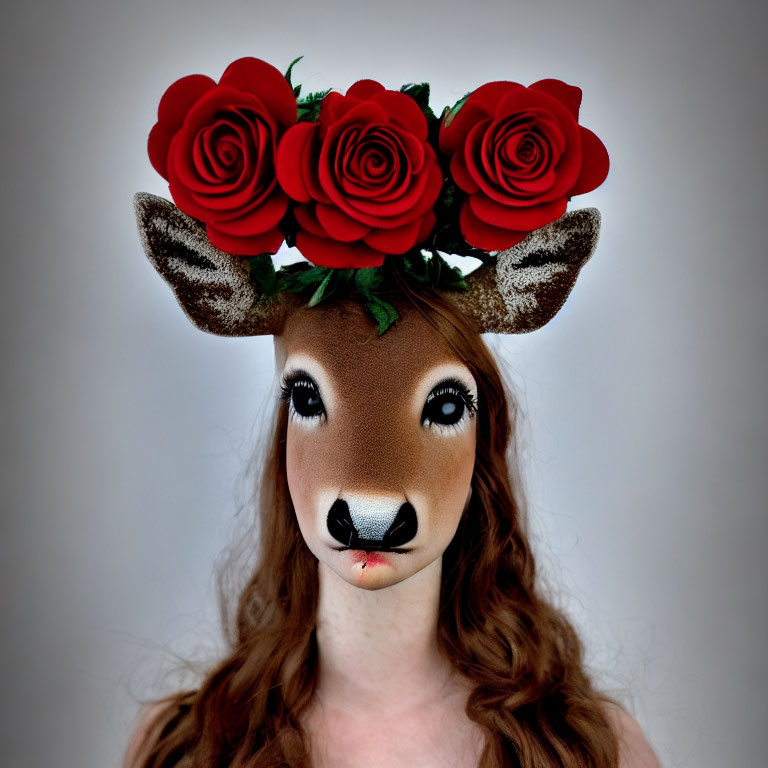 Person in Deer Mask with Antlers and Red Rose Crown on Gray Background