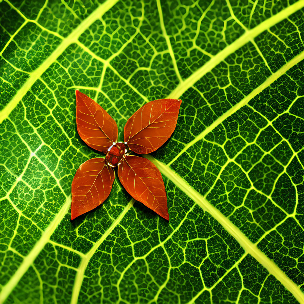 Red Five-Petaled Flower on Large Green Leaf with Veins